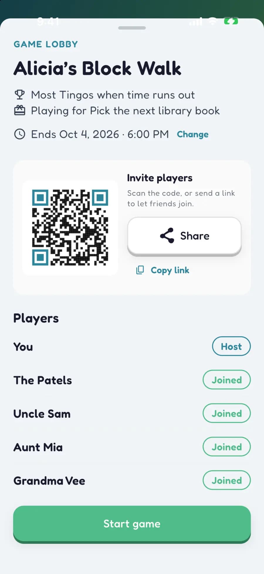 A Let's Tingo game lobby with a QR code to join and the players who are in.