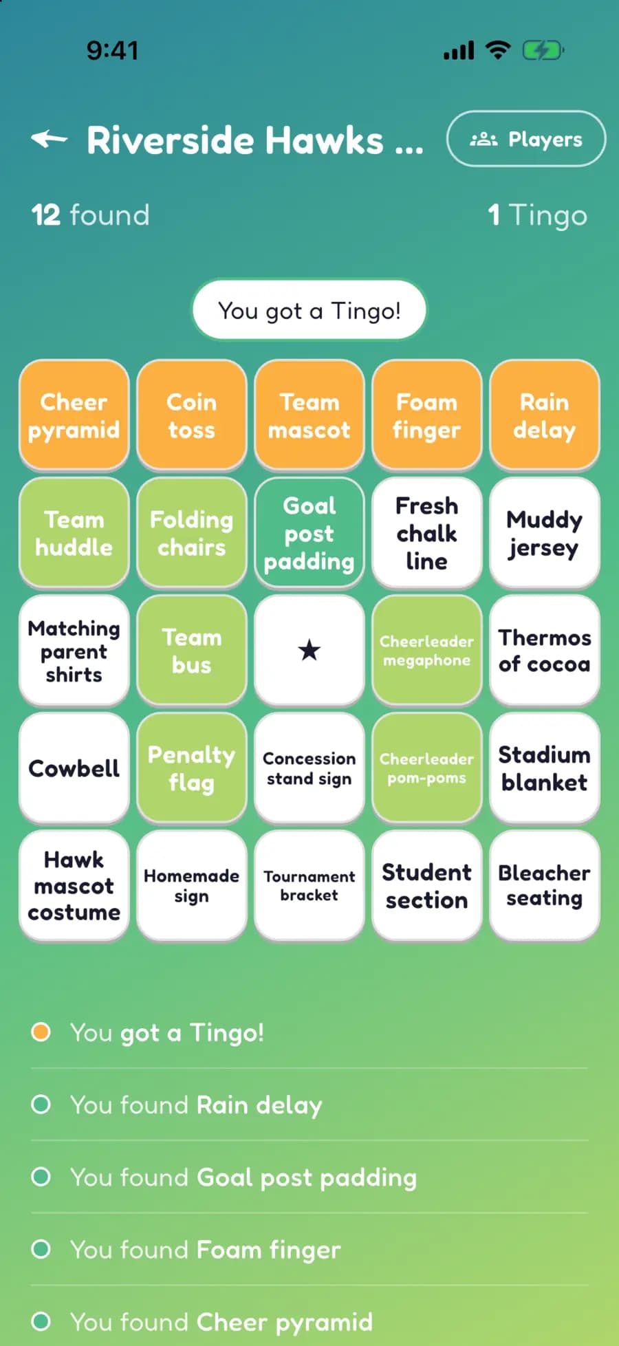 A Let's Tingo board on a phone with game-day finds marked, one row highlighted as a completed Tingo.