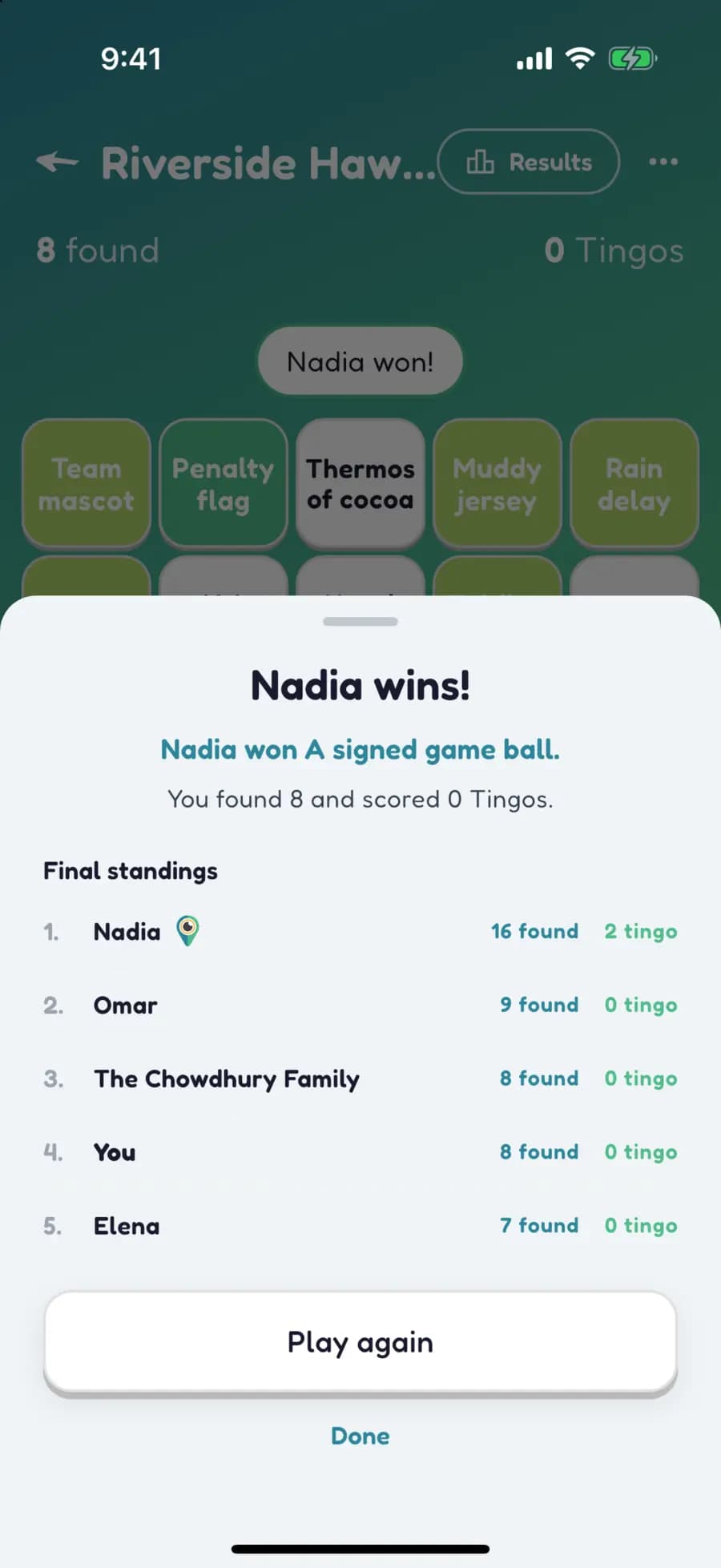 Let's Tingo's results screen announcing the winner of a team fundraiser game and their prize.