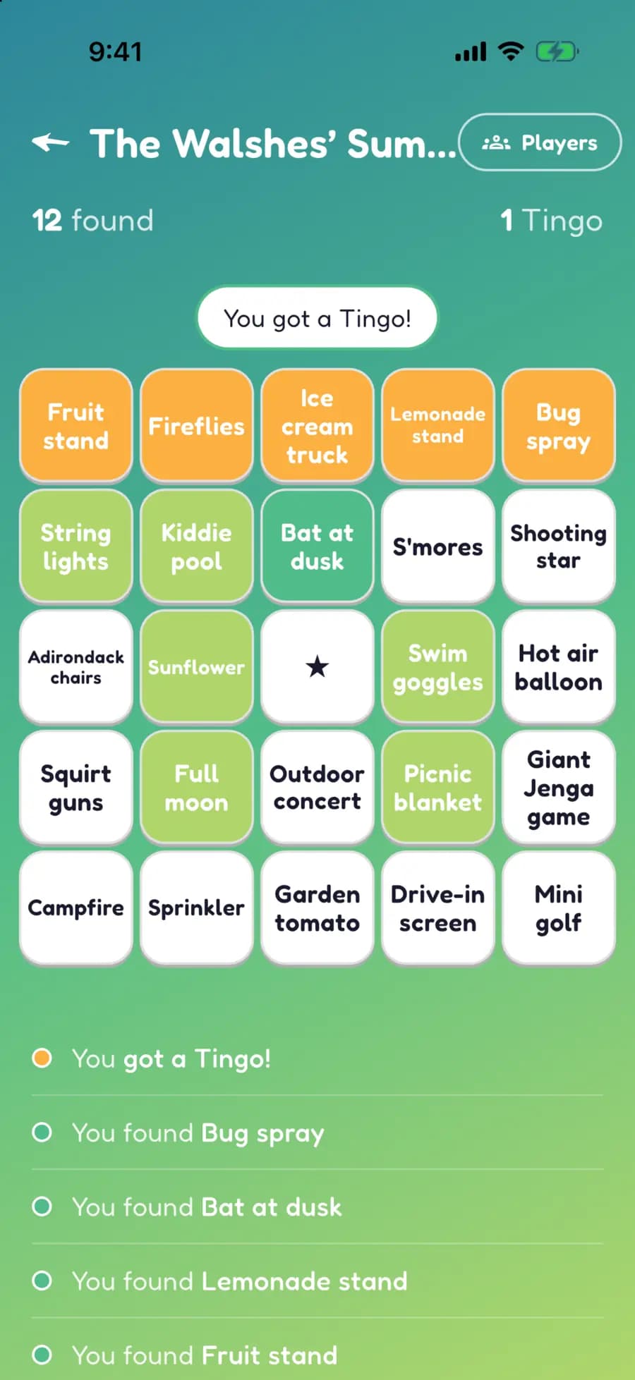A Let's Tingo board on a phone with summer finds marked, one row highlighted as a completed Tingo.