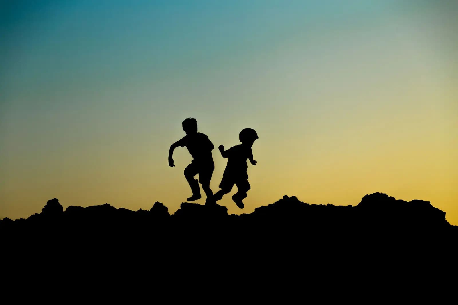 Two children run in silhouette against a dusk sky.