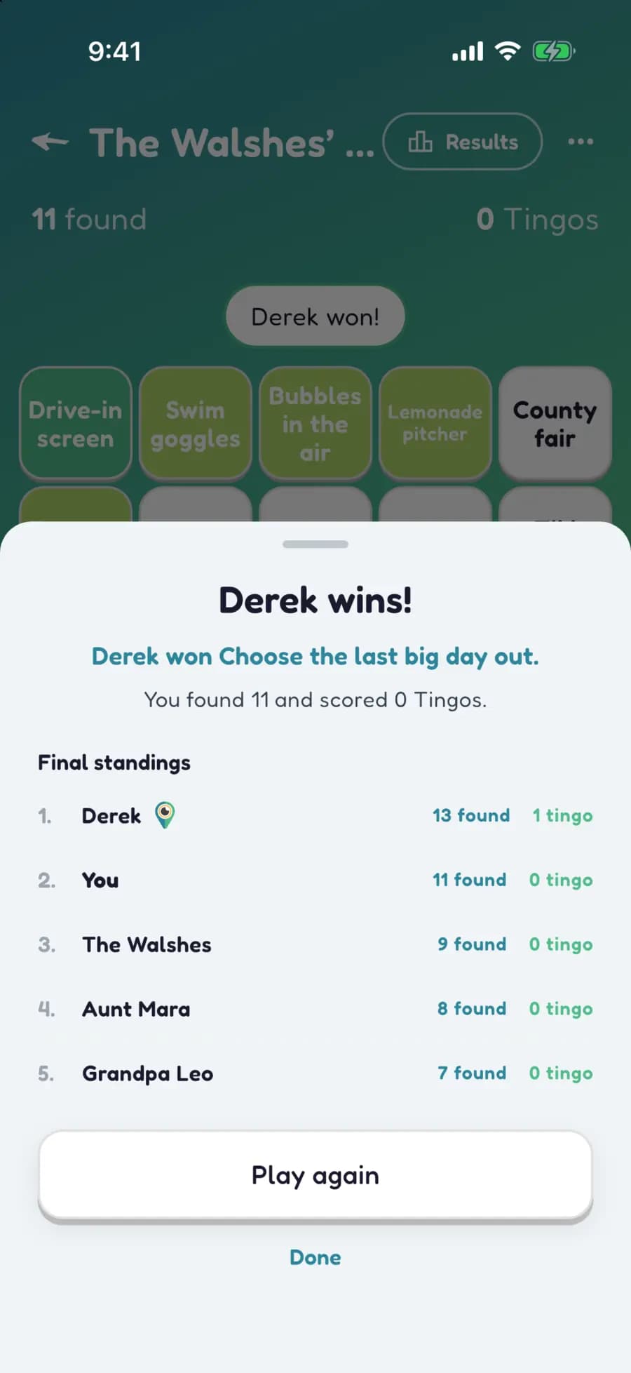 Let's Tingo's results screen announcing the winner of a summer game and their prize.