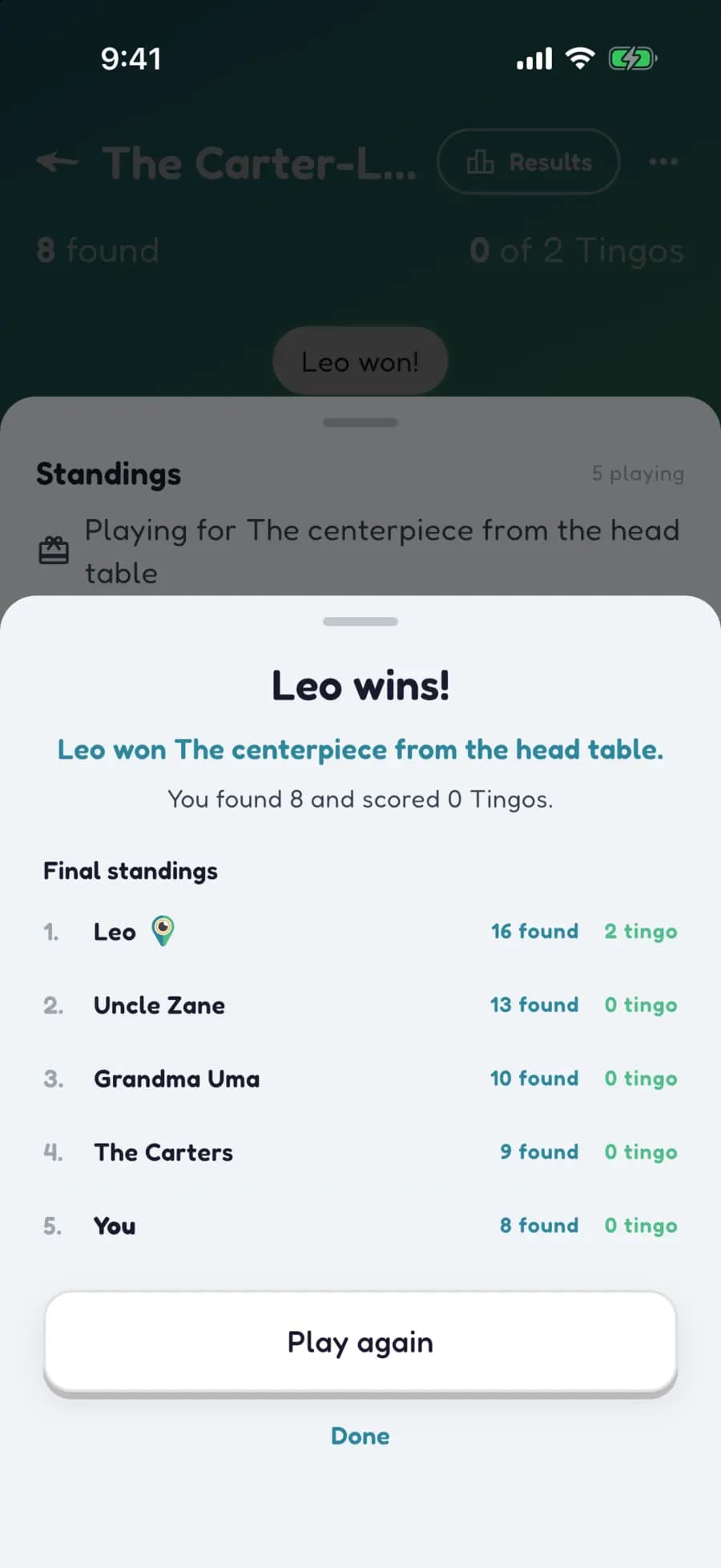 Let's Tingo's results screen announcing the winner of a wedding game and their prize.