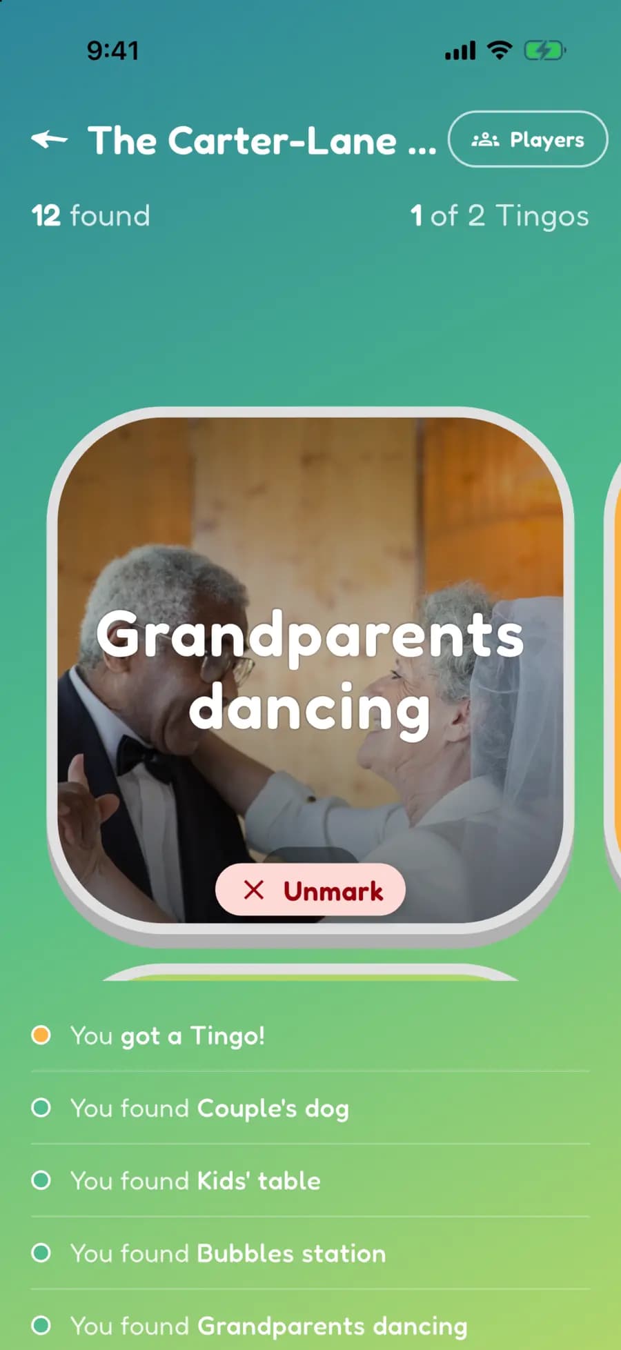 A wedding find marked with a photo of grandparents dancing at the reception.