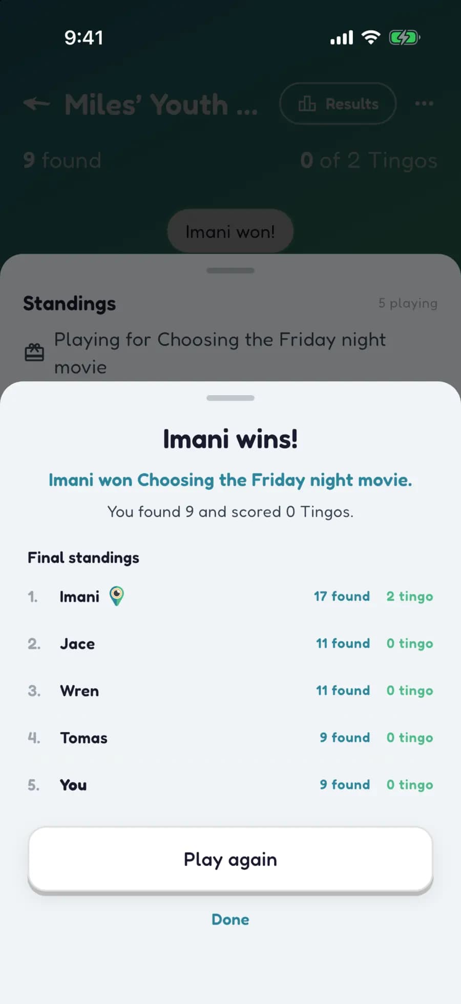 Let's Tingo's results screen announcing the winner of a youth group game and their prize.