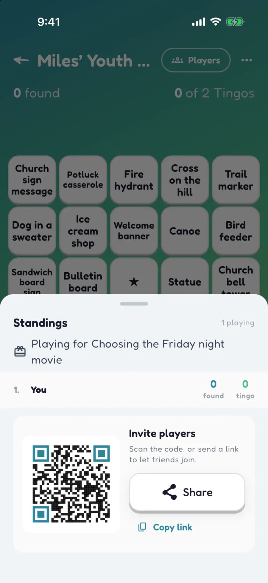 A youth group game's QR code ready to share, with the prize set to choosing the Friday night movie.
