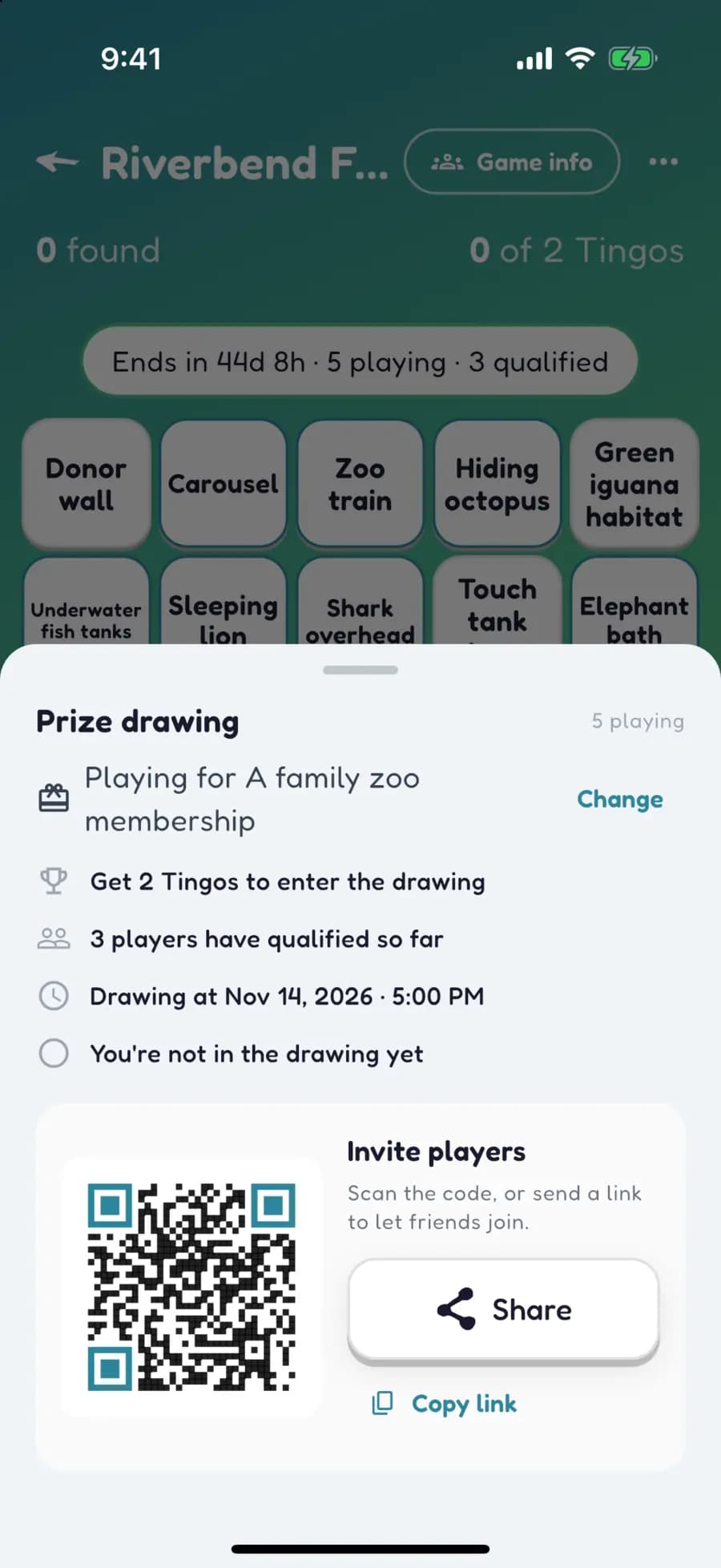 A Let's Tingo prize drawing sheet for a zoo game, with a QR code to invite players.