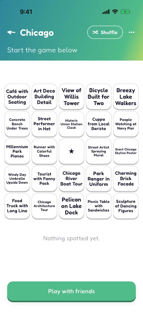 A fresh Let's Tingo board for a Chicago game: 24 finds to spot like Deep Dish Pizza Slice and Cloud Gate Reflection around the free star, above a Play with friends button.