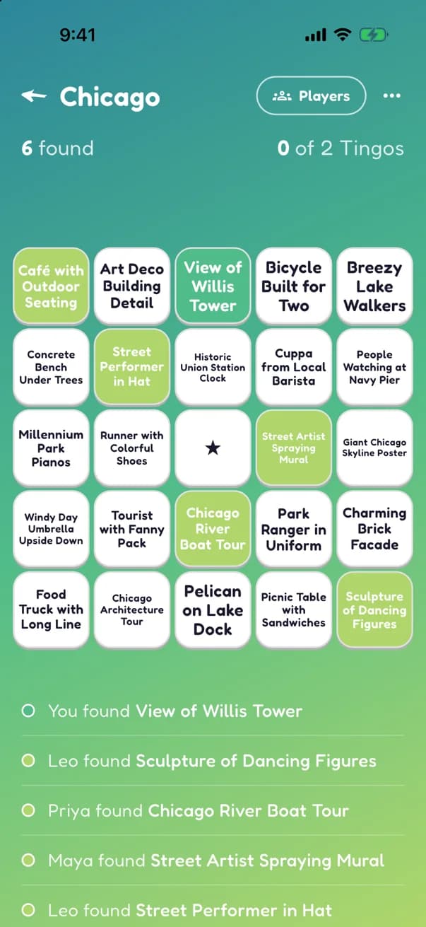 A Chicago board mid-game, 6 found: View of Willis Tower marked by you, five more found by Maya, Leo and Priya, and a feed below of who found what.