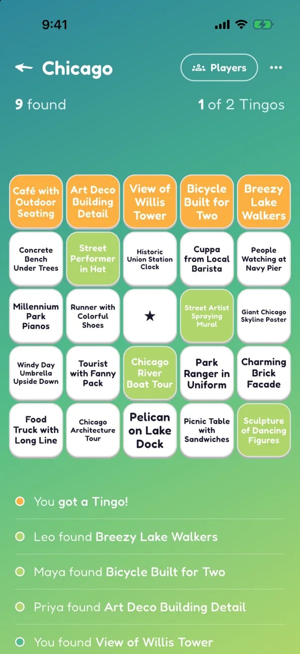 A Chicago board mid-game with an amber Tingo row across the top, 9 found, and You got a Tingo! at the top of the feed.