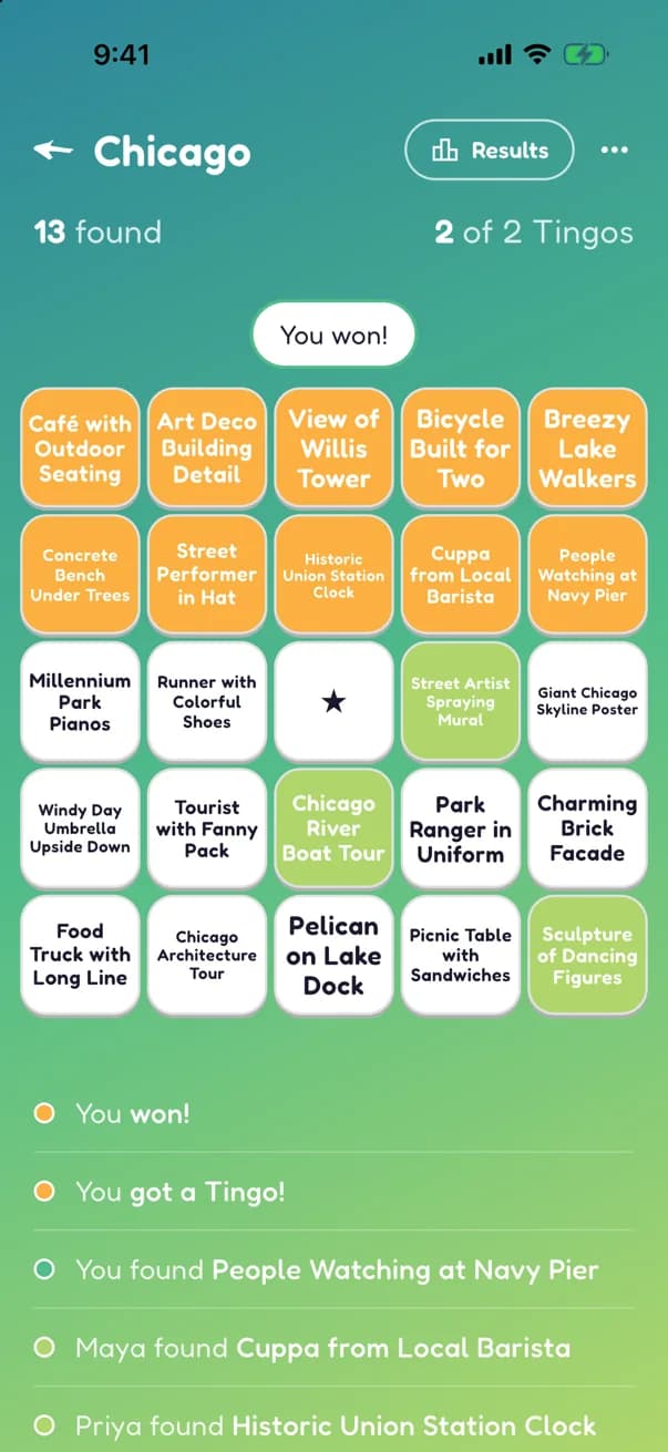 A Chicago board at the end of a game: two amber Tingo rows, a You won! pill, and the feed of who found what below.