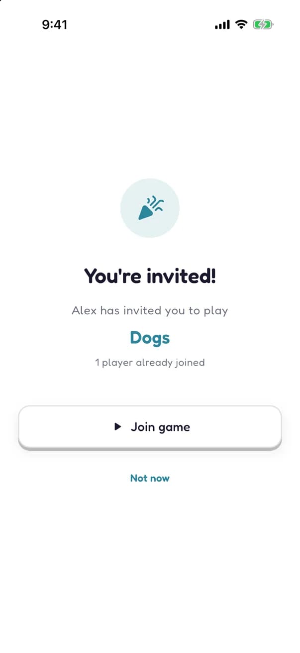 The You're invited screen: Alex has invited you to play Dogs, 1 player already joined, with a Join game button.