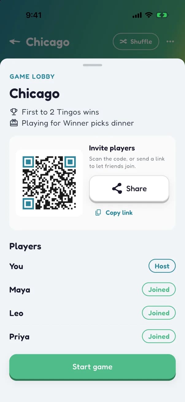 The lobby for a Chicago game: first to 2 Tingos wins, playing for Winner picks dinner, a QR code and Share button for inviting players, four players listed, and a Start game button.
