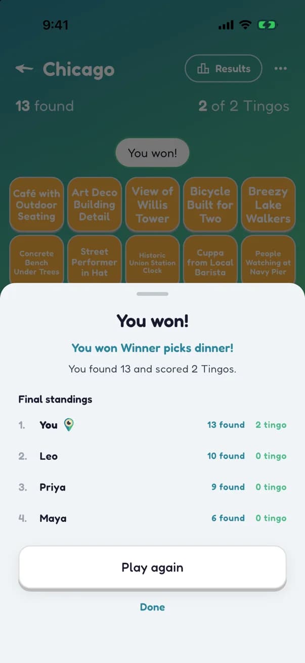 The results sheet after a win: You won, Winner picks dinner, the final standings, and a Play again button.