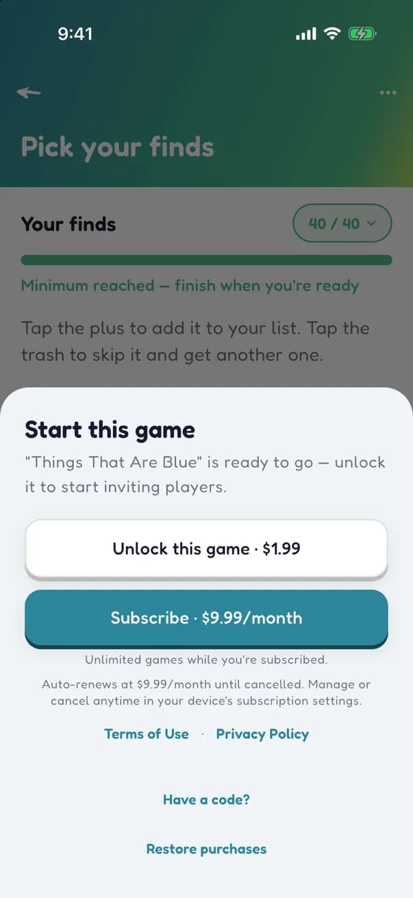 The Start this game sheet for a premium game, with buttons to unlock this game or subscribe.