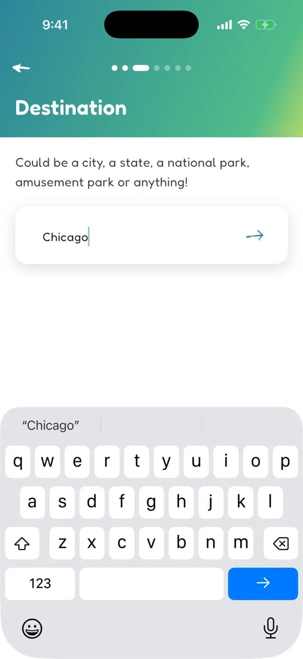 The game setup asking for a destination, which could be a city, a state, a national park, an amusement park or anything, with Chicago typed in.