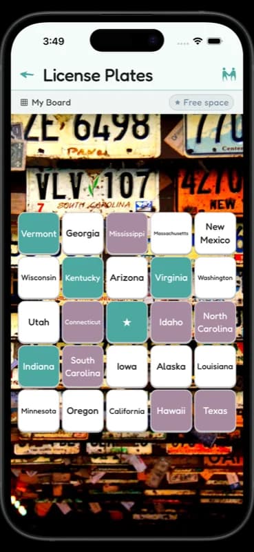 A Tingo board for spotting US license plates, with several states already marked.