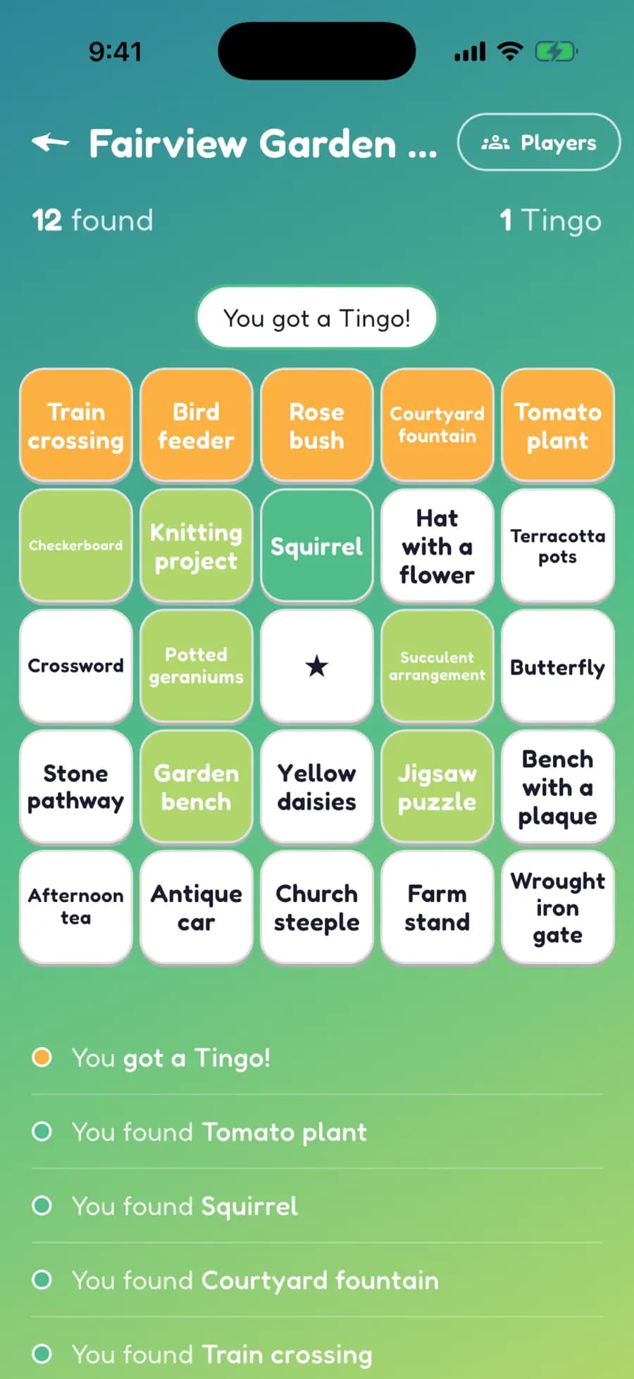 A Let's Tingo board on a phone with garden finds marked, one row highlighted as a completed Tingo.