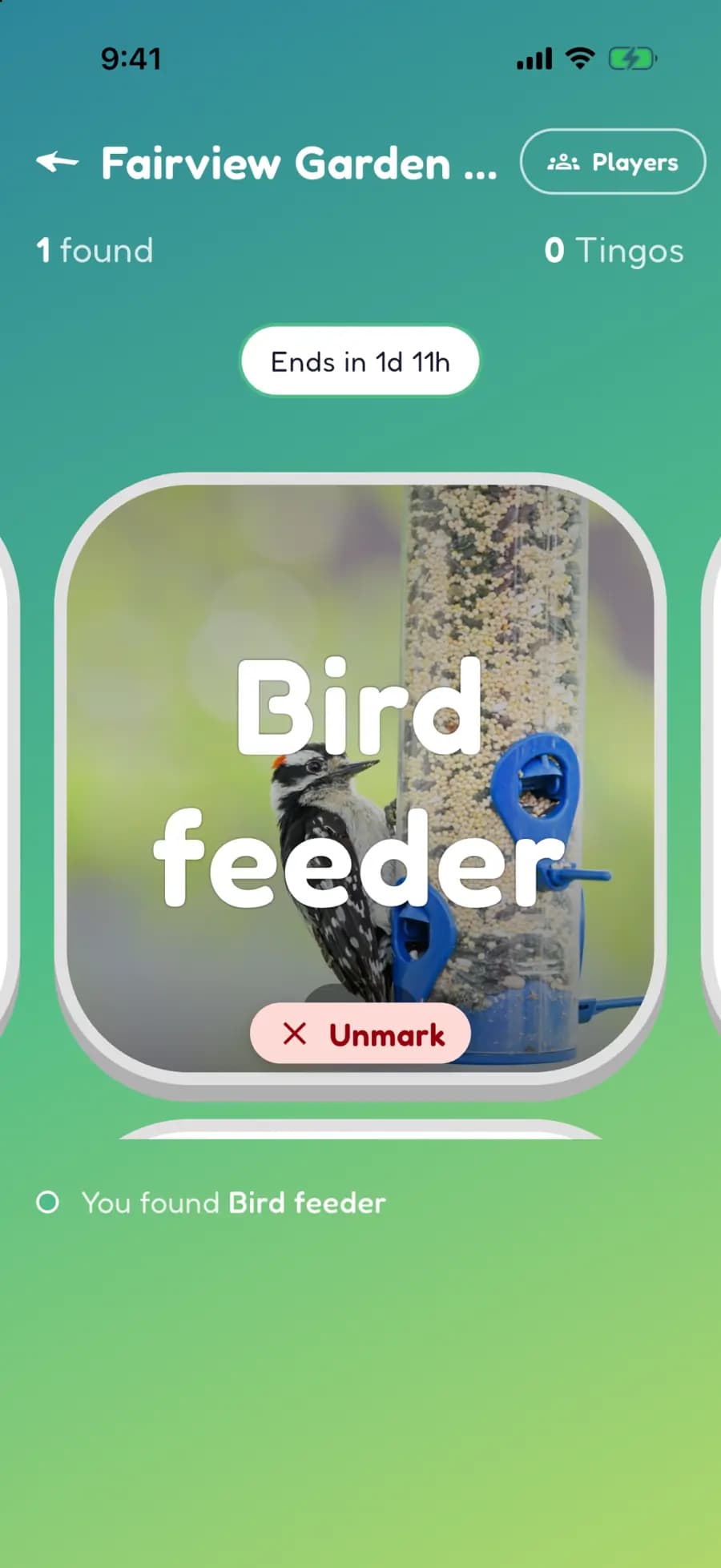 A find marked with a photo of a bird at a garden bird feeder.