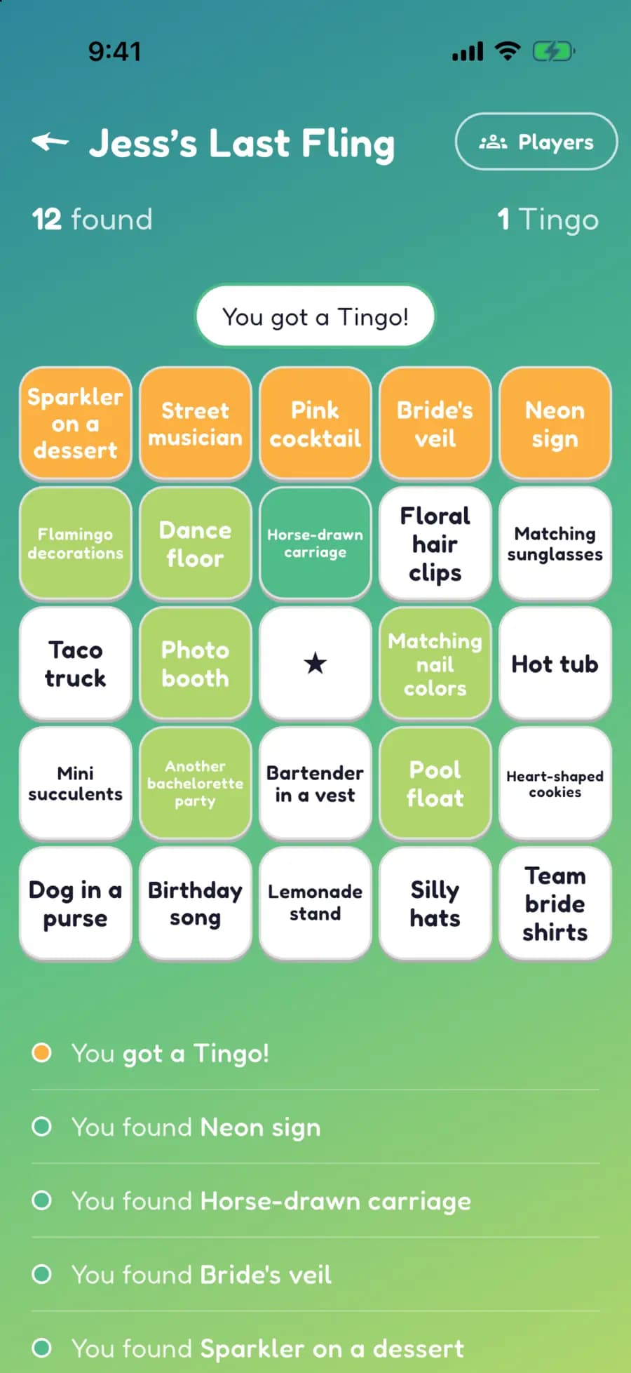 A Let's Tingo board on a phone with bachelorette party finds marked, one row highlighted as a completed Tingo.