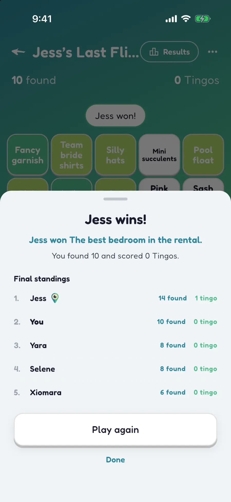 Let's Tingo's results screen announcing the winner of a bachelorette game and their prize.