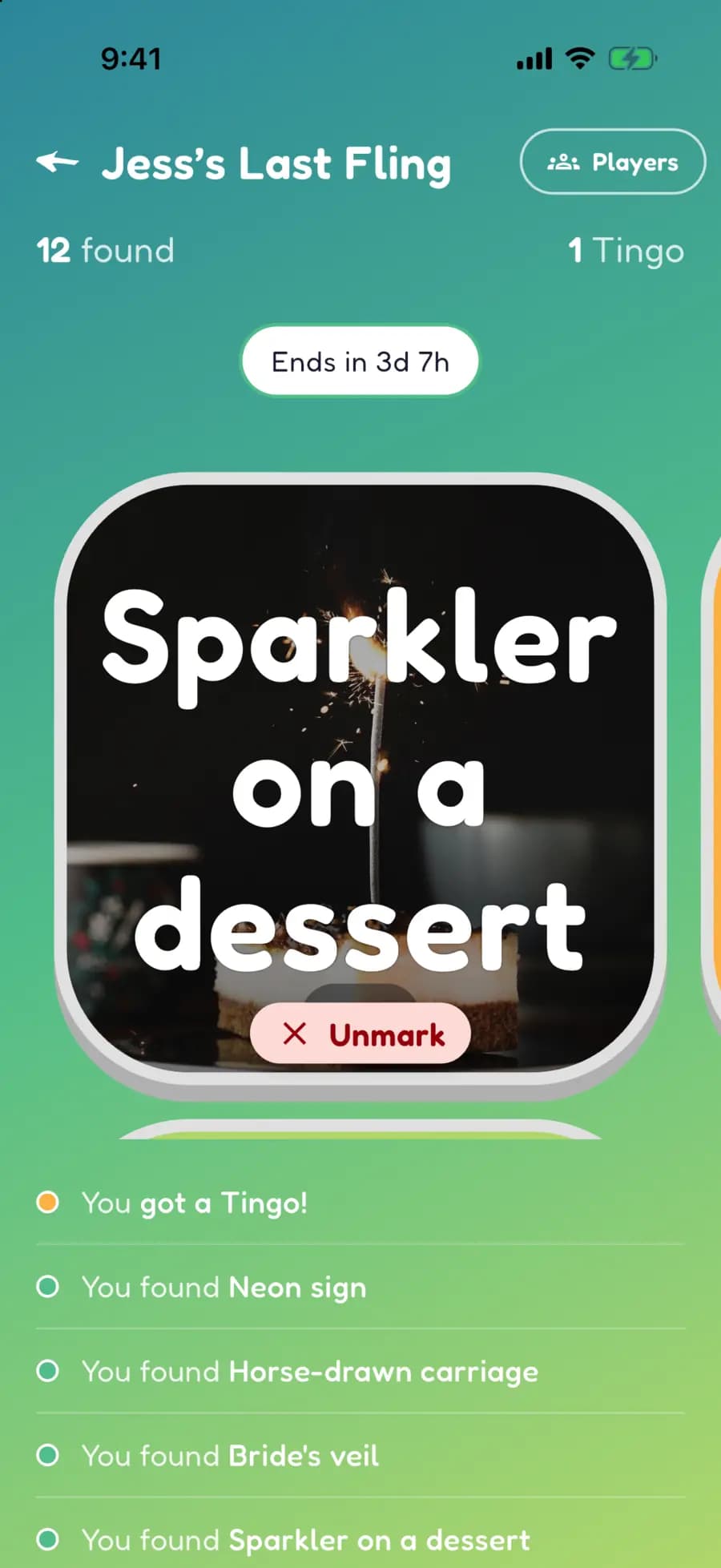 A Let's Tingo find, sparkler on a dessert, marked with a photo of a sparkler burning on a dessert.