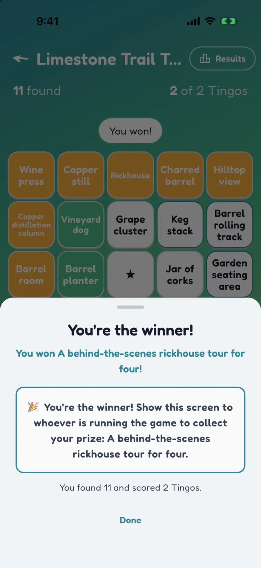 Let's Tingo's results screen announcing the winner of a trail passport game and their prize.