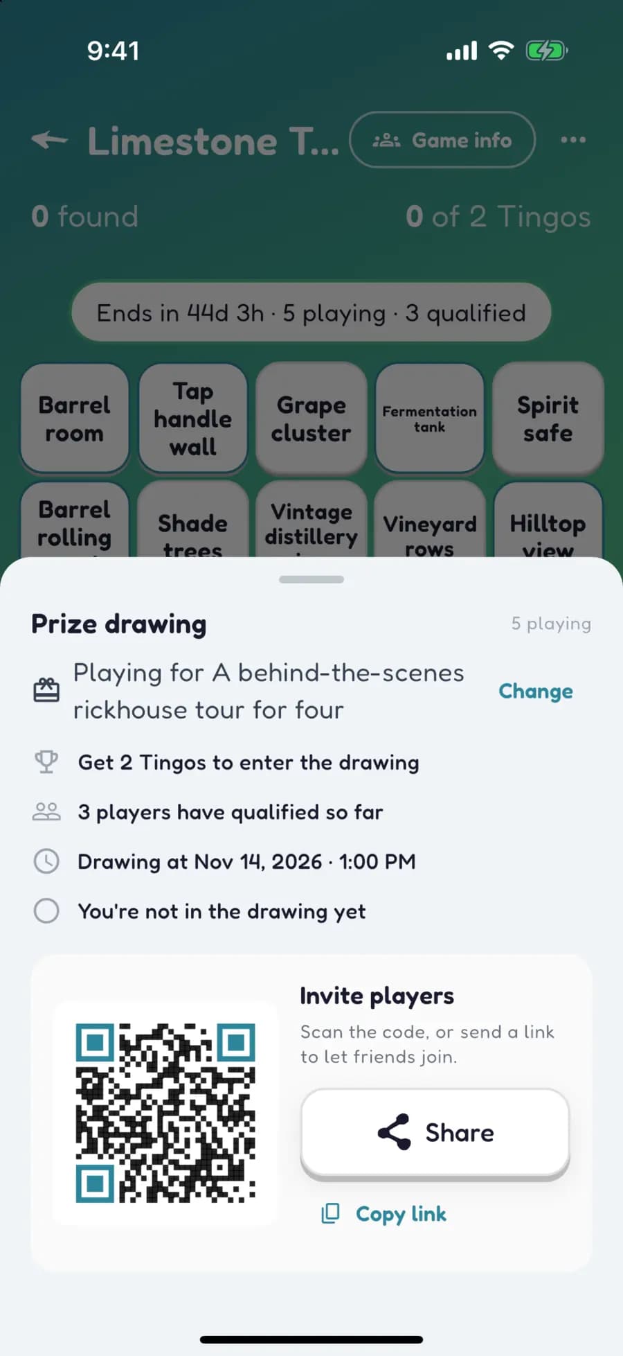 A Let's Tingo prize drawing sheet for a trail game, with a QR code to invite players.
