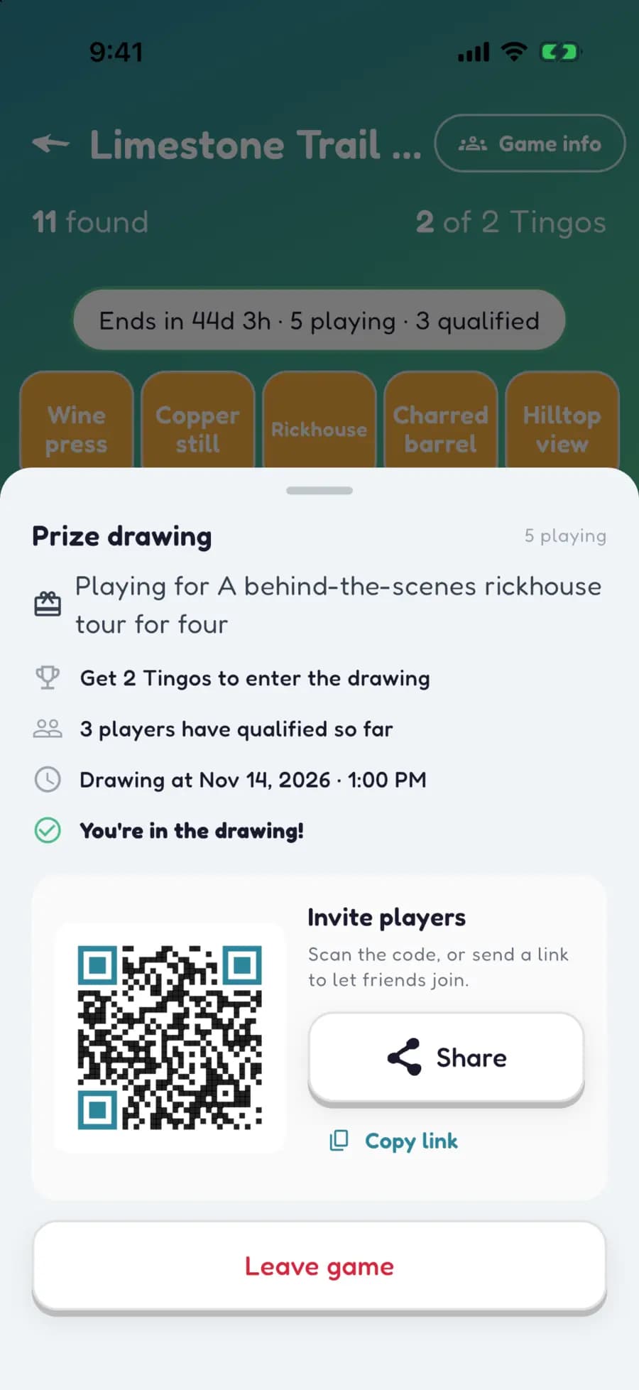 A sponsored Let's Tingo game showing how many visitors are playing and how many have qualified for the prize drawing.