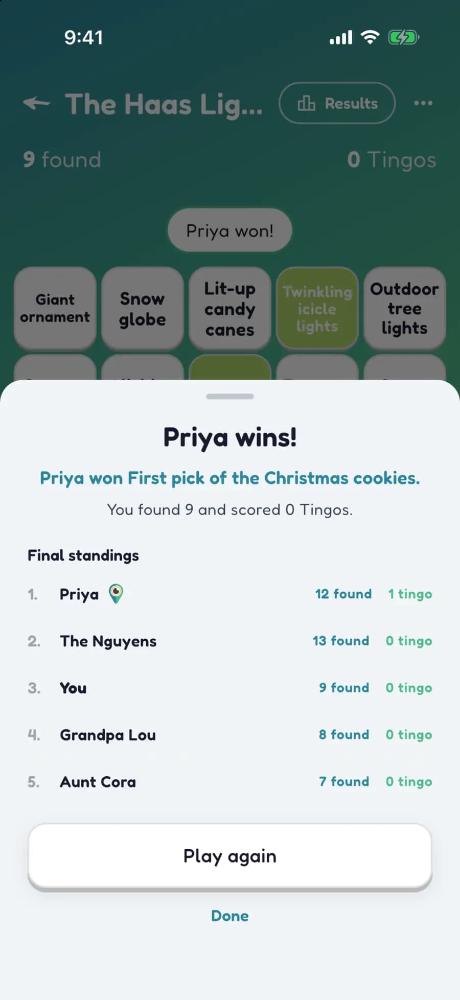 Let's Tingo's results screen announcing the winner of a Christmas game and their prize.