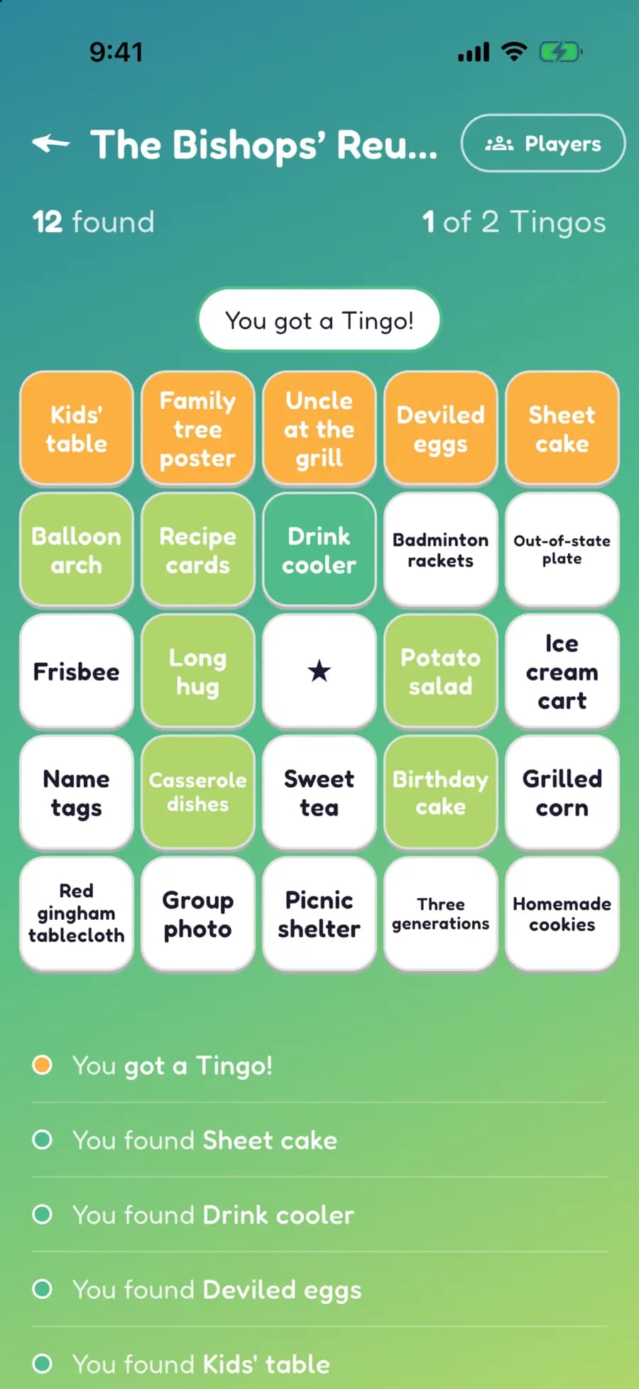 A Let's Tingo board on a phone with family reunion finds marked, one row highlighted as a completed Tingo.