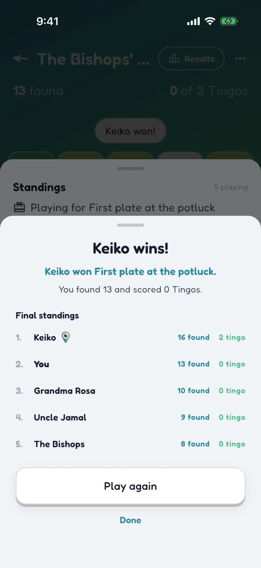 Let's Tingo's results screen announcing the winner of a family reunion game and their prize.