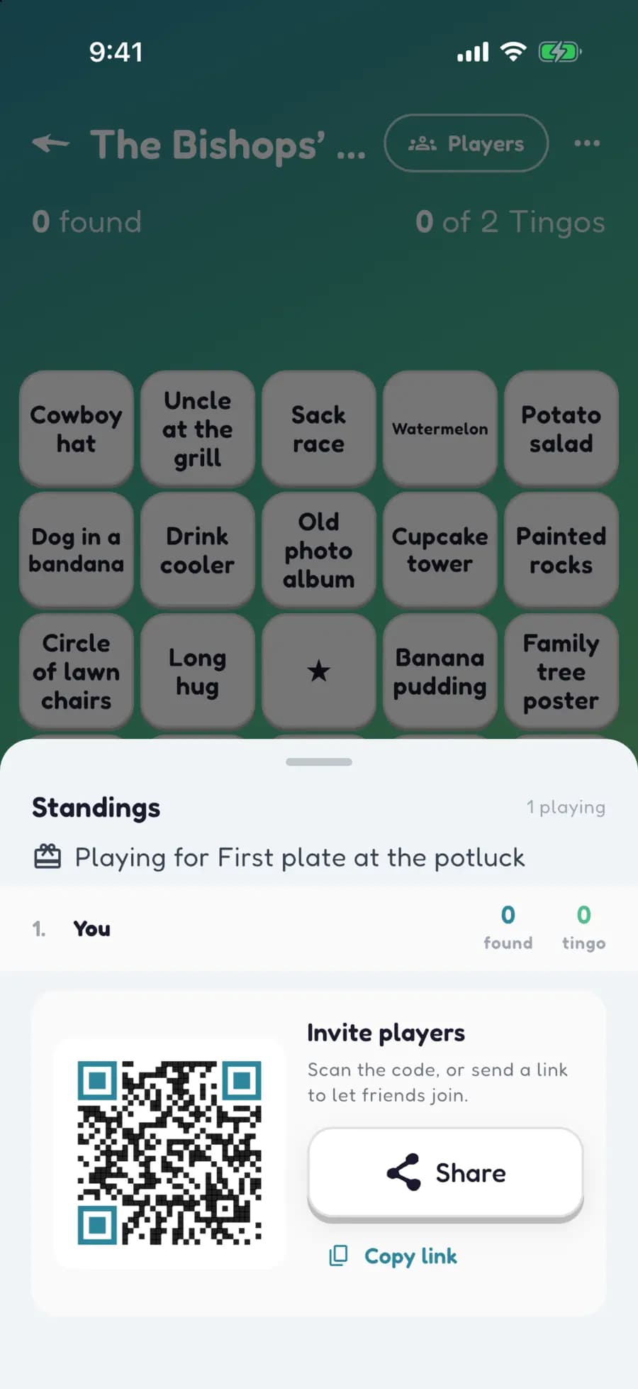 The share screen for a family reunion game, showing a QR code to join and the prize of first plate at the potluck.