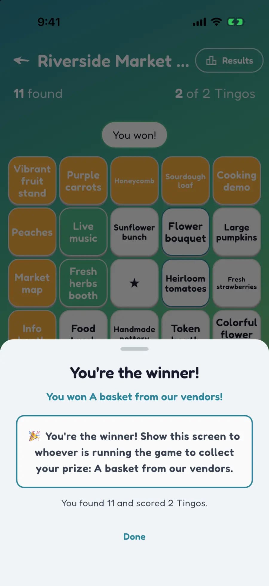 Let's Tingo's results screen announcing the winner of a farmers market game and their prize.