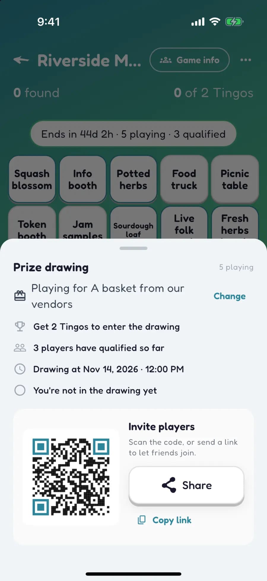 A Let's Tingo prize drawing sheet for a market game, with a QR code to invite players.