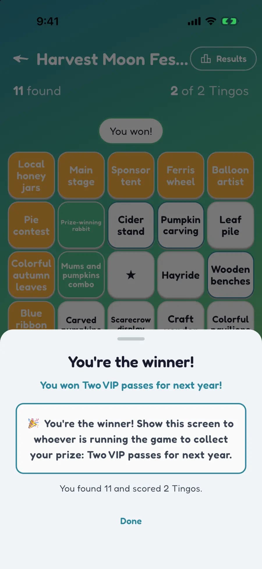 Let's Tingo's results screen announcing the winner of a festival game and their prize.