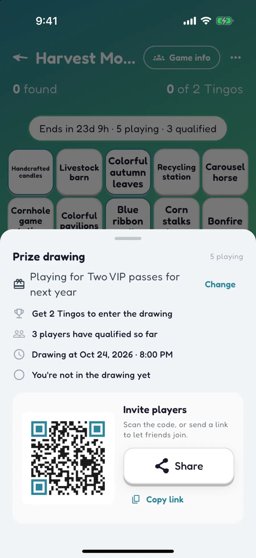 A Let's Tingo prize drawing sheet for a festival game, with a QR code to invite players.
