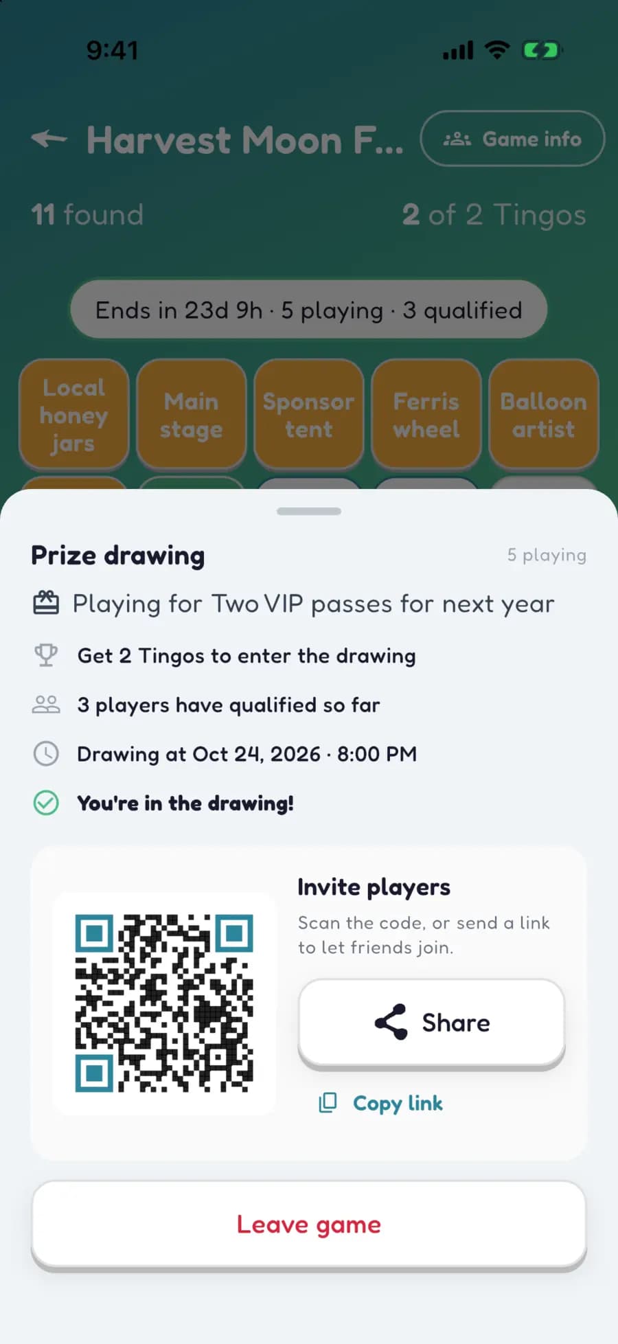 A sponsored Let's Tingo game showing how many attendees are playing and how many have qualified for the prize drawing.