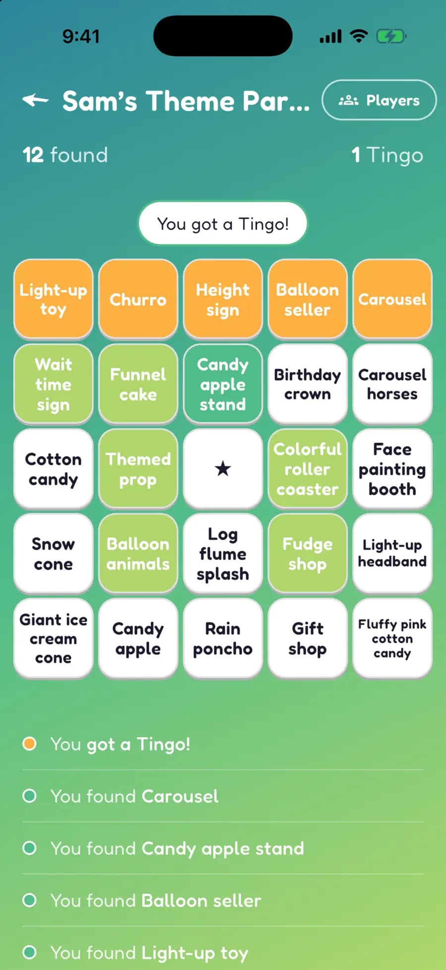 A Let's Tingo board on a phone with theme park finds marked, one row highlighted as a completed Tingo.