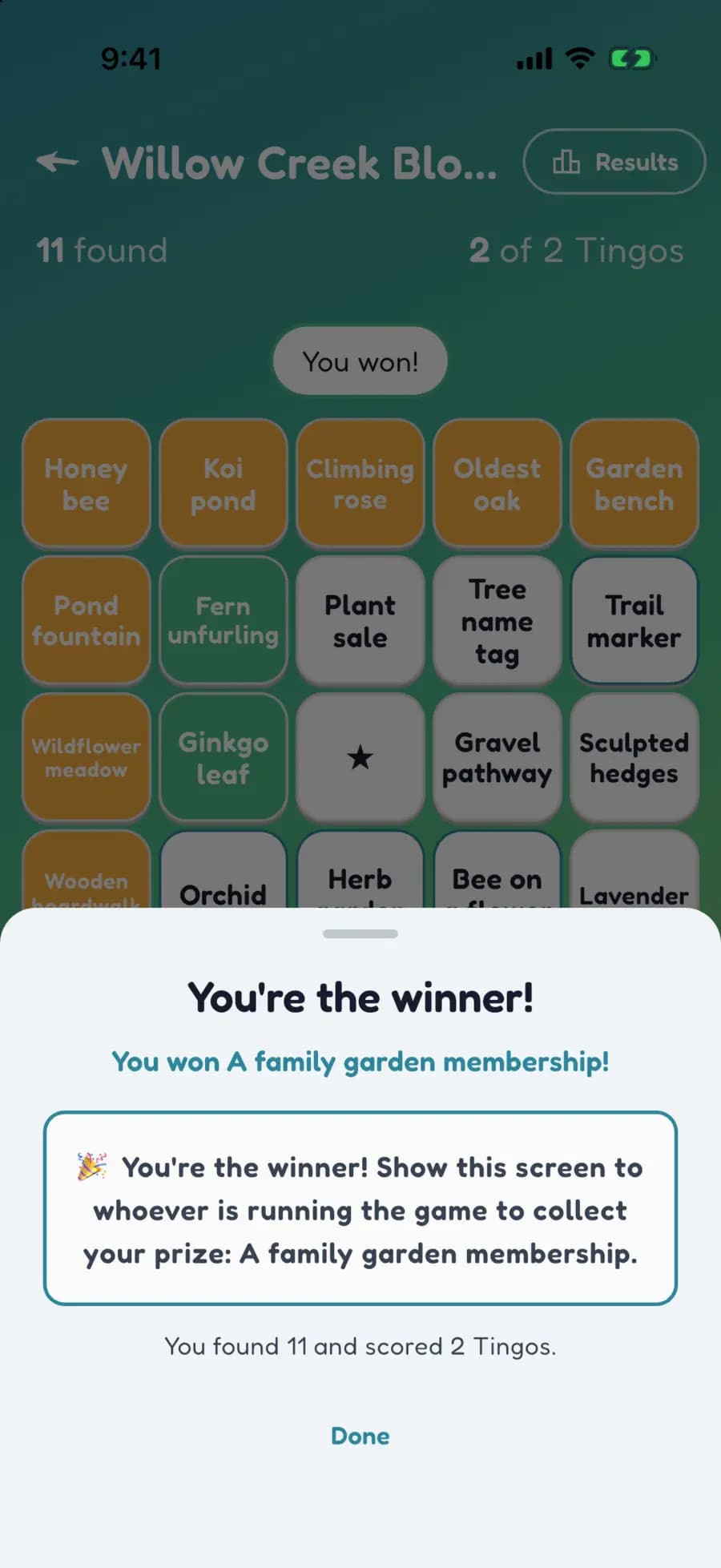 Let's Tingo's results screen announcing the winner of a garden game and their prize.