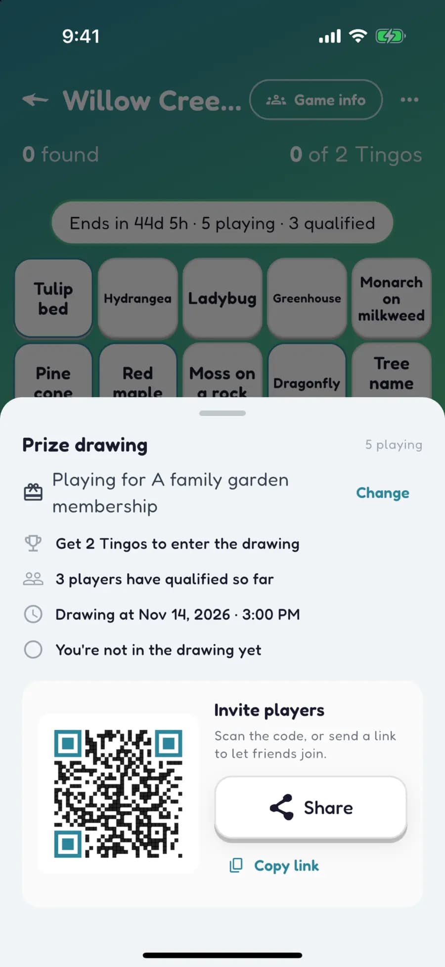 A Let's Tingo prize drawing sheet for a garden game, with a QR code to invite players.