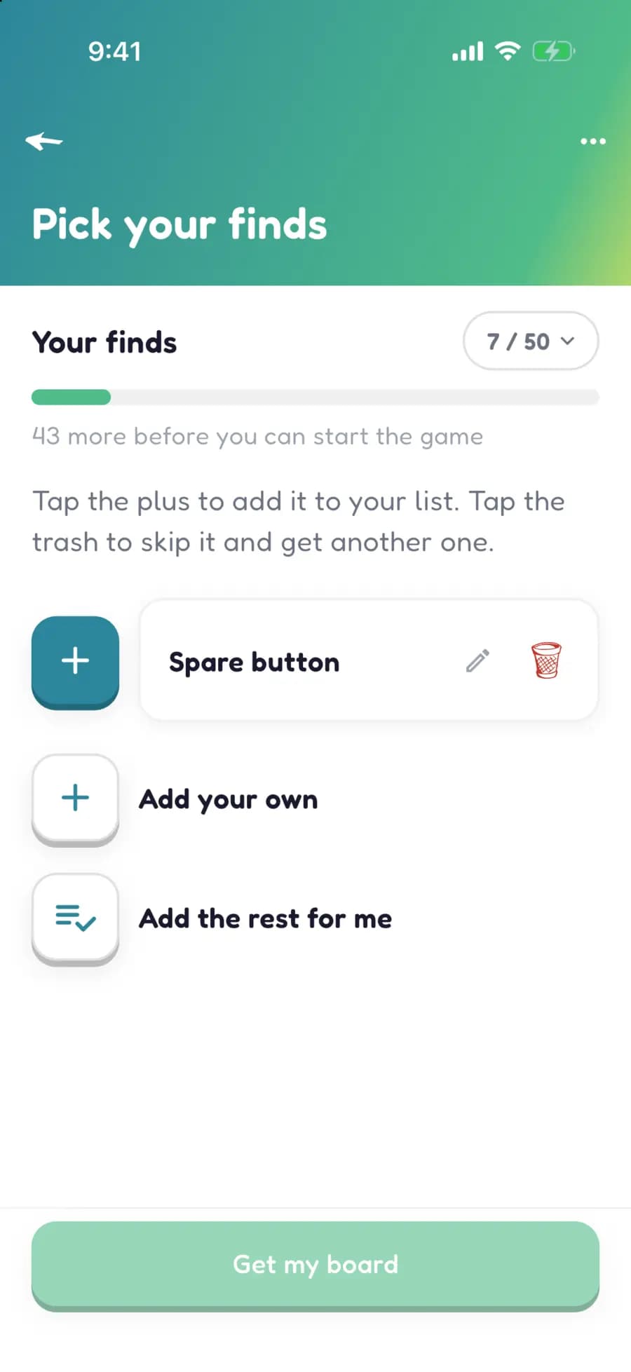 Let's Tingo suggesting indoor scavenger hunt finds, with options to keep or remove each one.