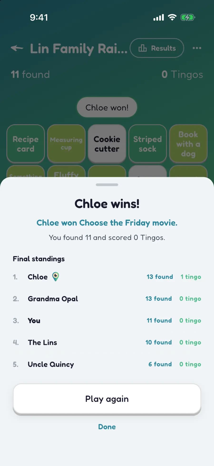 Let's Tingo's results screen announcing the winner of an indoor game and their prize.