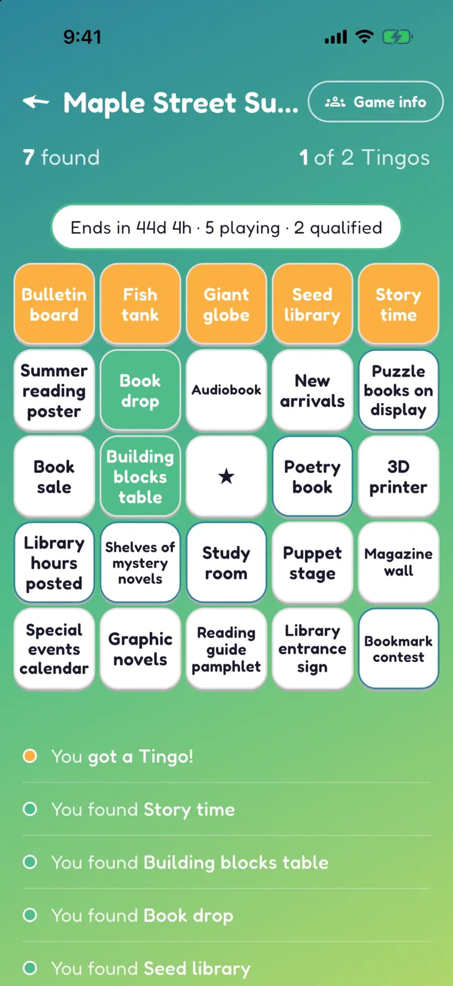 A Let's Tingo board on a phone with library finds marked, one row highlighted as a completed Tingo.