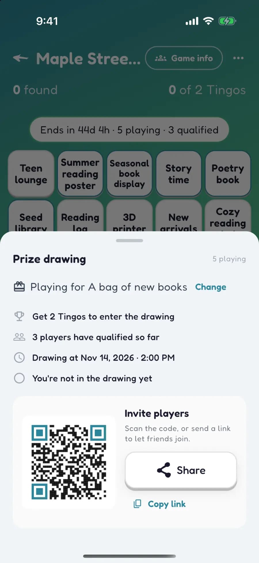 A Let's Tingo prize drawing sheet for a library game, with a QR code to invite players.