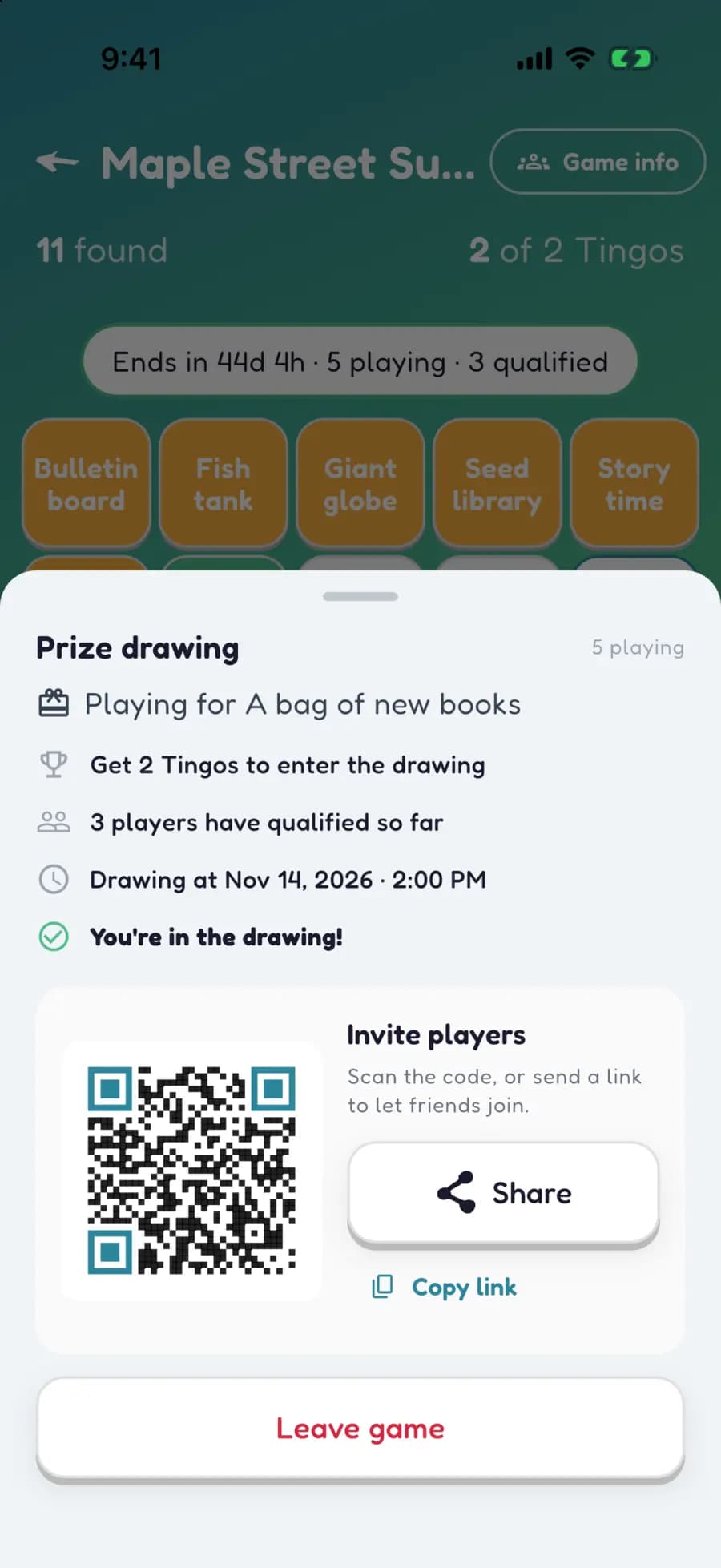 A sponsored Let's Tingo game showing how many patrons are playing and how many have qualified for the prize drawing.