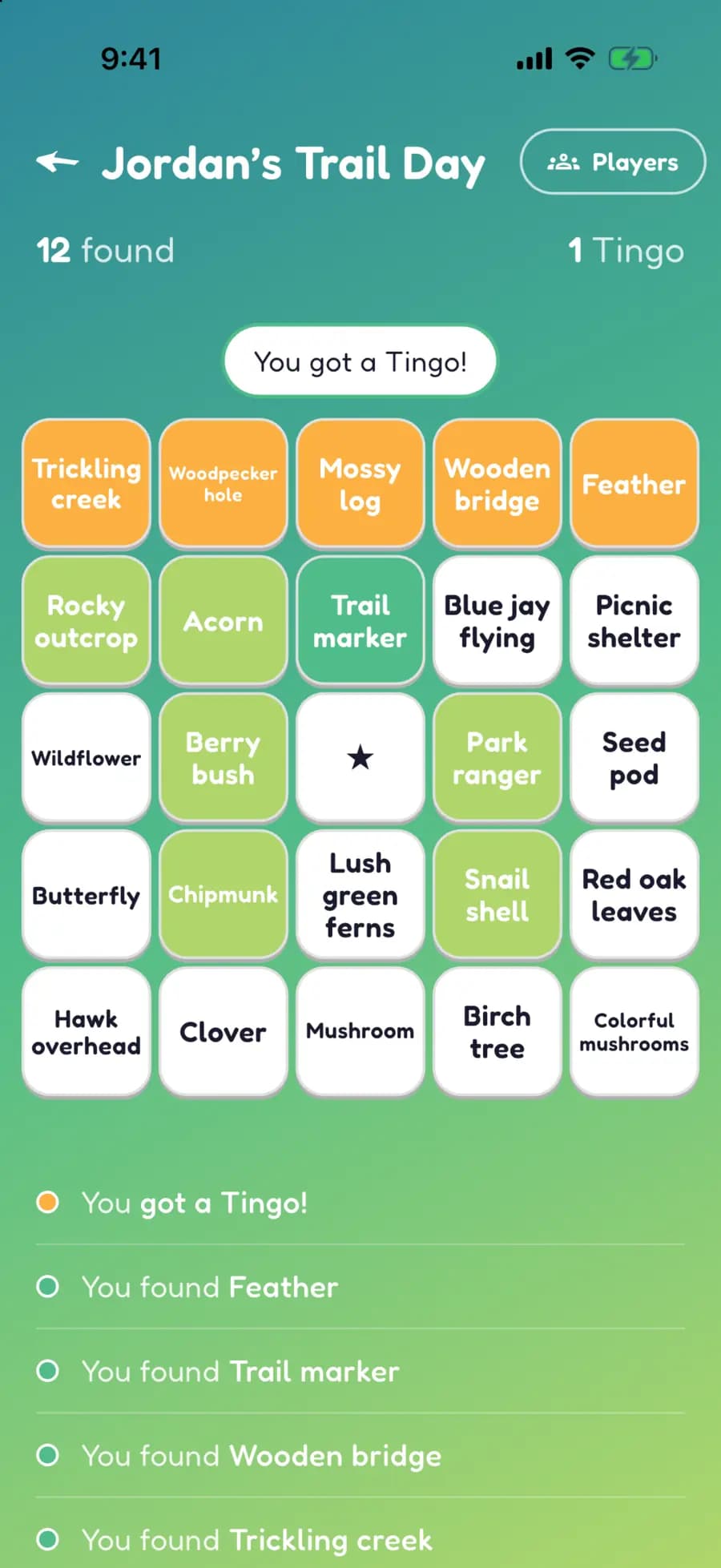 A Let's Tingo board on a phone with nature finds marked, one row highlighted as a completed Tingo.