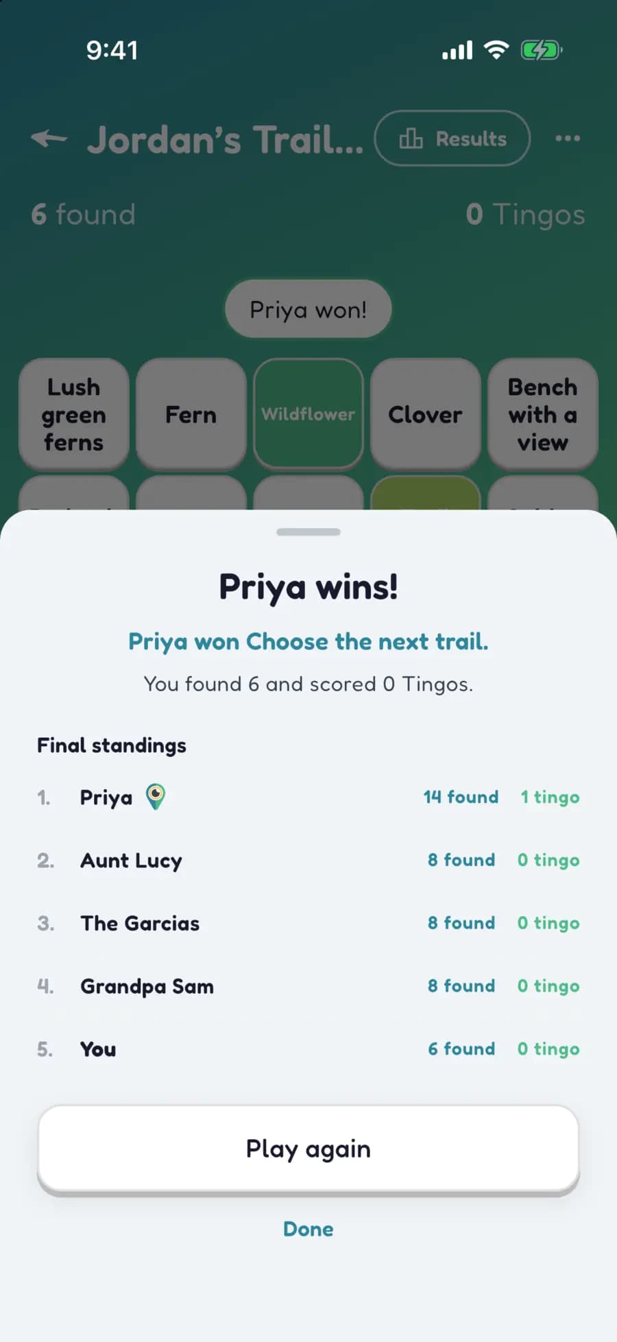 Let's Tingo's results screen announcing the winner of a nature game and their prize.