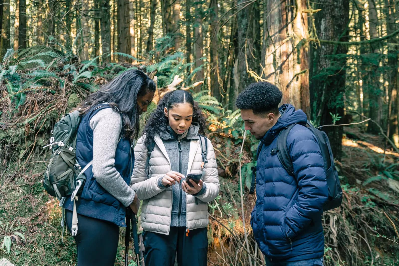 Three friends in hiking jackets and backpacks look at a phone together on a forest trail.