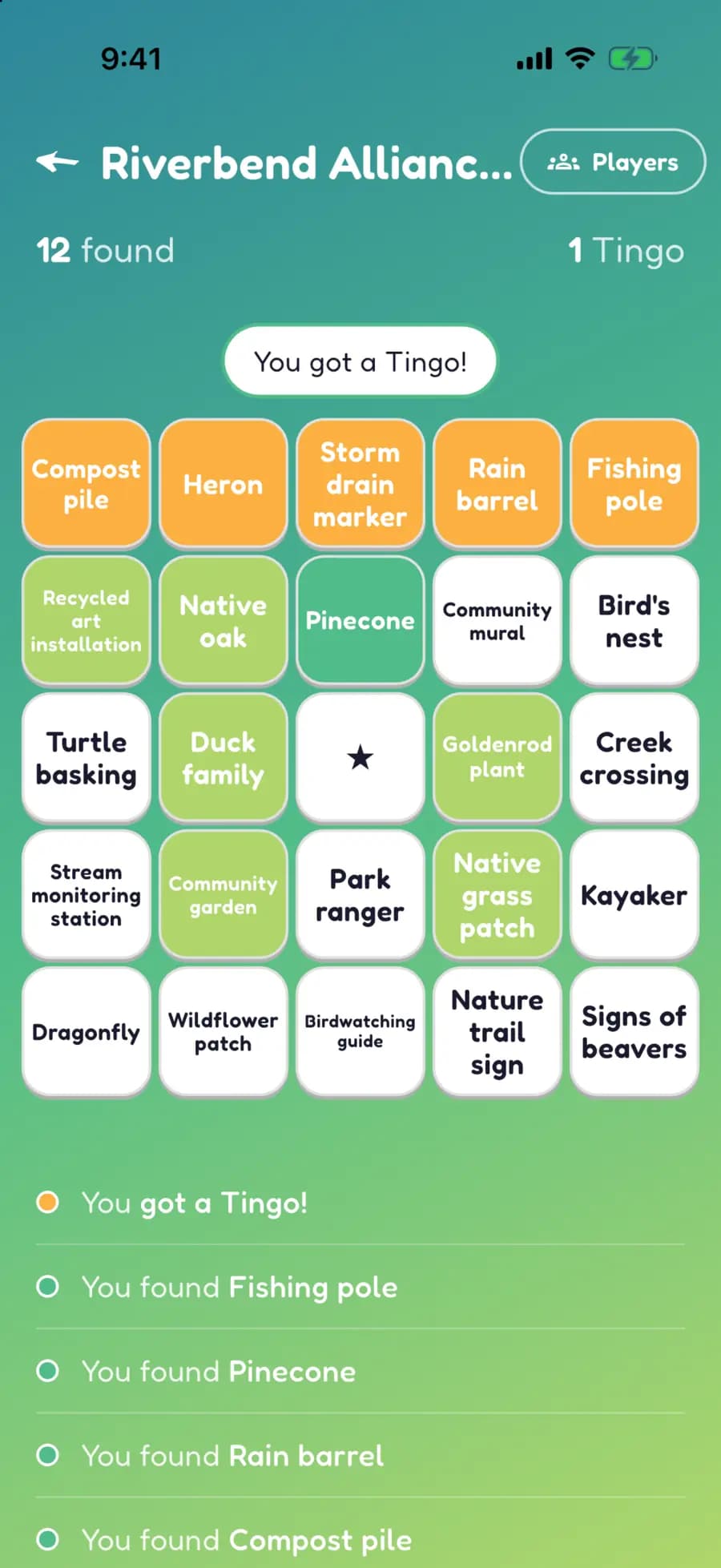 A Let's Tingo board on a phone with fundraiser finds marked, one row highlighted as a completed Tingo.